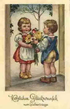 Kinder mit Blumenstrauß Geburtstagskarte o 5.9.1939