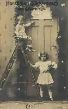 Kinder mit Leiter Geburtstagskarte o ca. 1915