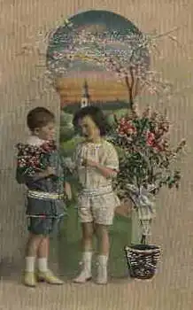 Kinder Blumen silberschnittkarte gebr. ca. 1915