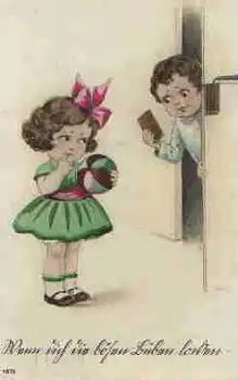 Mädchen mit Ball Junge mit Schokolade Künstlerkarte o 25.10.1925
