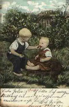 Kinder im Garten beim Möhrenessen Künstlerkarte o 03.11.1908