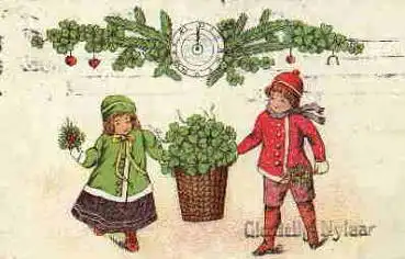 Kinder Glückskleeblättern Uhr Neujahr o ca. 1910