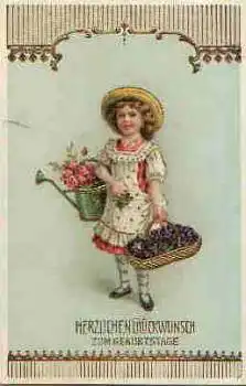 Mädchen mit Blumenkorb und Gießkanne Goldschnitt Geburtstagskarte o 4.6.1914