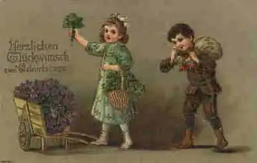 Kinder mit Geldsck und Schubkarre Goldschnitt Geburtstagskarte um 1910