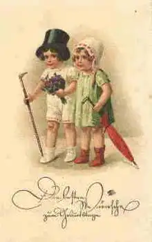 Kinder mit Gehstock und Schirm  Geburtstagskarte um 1920