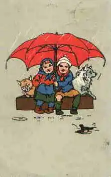 Kinder unter einem Regenschirm Künstlerkarte o 9.2.1913