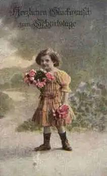 Mädchen mit Blumenstrauss Geburtstagskarte gebr. 1919