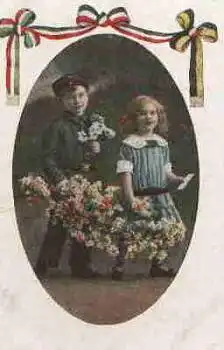 Patriotika Kinder in Uniform mit Blumen Feldpoststempel G. Fsp. A  (Fernsprechzug 501) o 30.11.1916