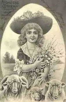 Ostern Mädchen mit Blumenstrauß und Schafen o ca. 1900