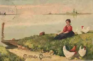 Ostern Frau mit Hühnern Prägekarte o 9.4.1909