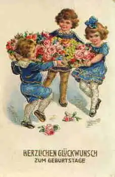 Kinder mit Blumenkorb goldschnitt Geburtstagskarte o 30.4.1930
