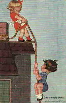 Kind klettert am Seil "Liebe macht stark" gebr. 14.12.1921