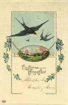 Pfingsten Schwalben mit Brief Prägekarte o 19.5.1918