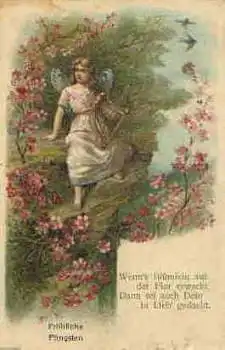 Engel mit Harfe Pfingsten Prägekarte * ca. 1910