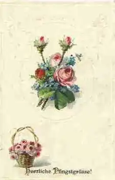 Rosenstrauß Pfingsten Prägekarte gebr. 1914
