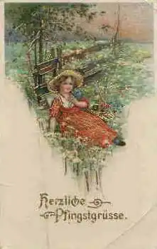 Pfingsten Mädchen mit Blumenkorb Goldschnittkarte o 25.5.1917
