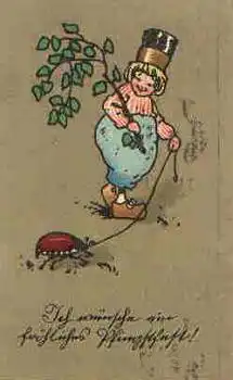 Pfingsten Kind mit Maikäfer an der Leine Künstlerkarte o 30.5.1914