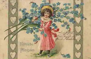 Pfingsten Mädchen mit Blumen Herzen Prägekarte o 28.5.1909