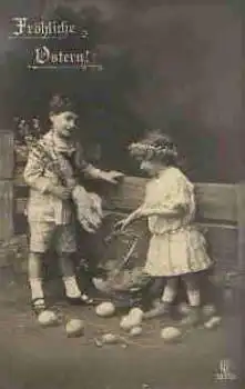 Kinder mit Ostereiern und Huhn Serienkarte GL 3832/1 gebr. 1915