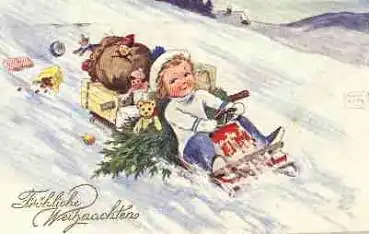 Weihnachten Kind auf Bob mit Spielzeug Künstlerkarte John-Willy o 23.12.1934