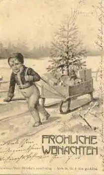 Weihnachten Kind mit Schlitten und Trommel Künstlerkarte o 24.12.1901
