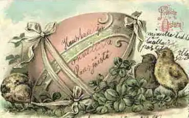 Osterei mit Küken Prägekarte um 1900