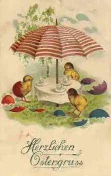 Osterküken an einer Kaffeetafel *gebr. ca.1920