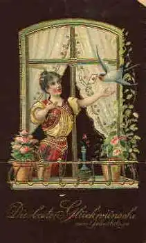 Frau am Fenster Goldschnittprägelitho Geburtstagskarte o 1.5.1909
