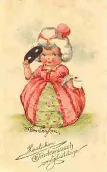 Kind mit Maske und Brief Geburtstagskarte gebr. 1929