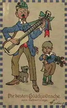 Strassensänger mit Gitarre Flöte und Hund Geburtstagskarte o 1914