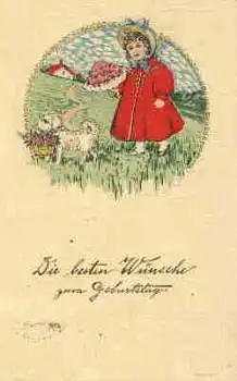Kind mit Blumen und Hund Künstlerkarte o ca. 1915