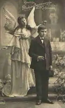 Konfirmation Junge mit Schutzengel Serienkarte 6167/2 gebr. ca. 1910