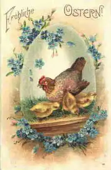 Ostern Henne mit Küken, Prägekarte o 17.4.1906