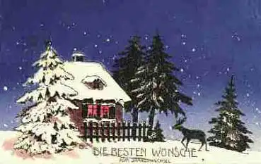 Neujahr Hirsch mit Winterlandschaft o ca. 1915