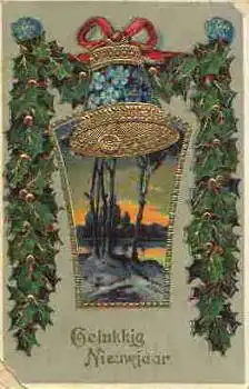 Neujahr Goldschnittprägekarte mit Glocke o 2.1.1912