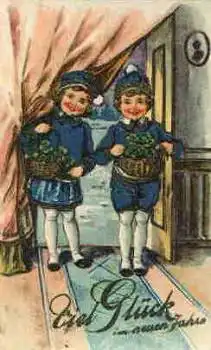 Neujahr Kinder mit Blumenkörben Goldschnittkarte o 31.12.1928