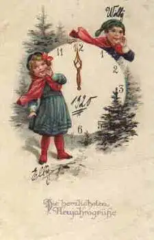 Neujahr Kinder mit Uhr Glückwunschkarte gebr. 1920