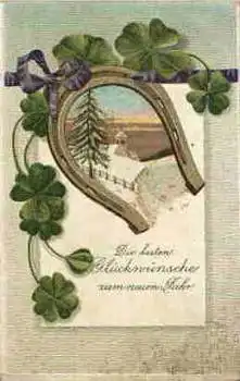 Neujahr Hufeisen und Kleeblätter Prägekarte 31.12.1912