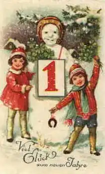 Neujahr Kinder mit Schneemann Glückshufeisen Kleeblätter o um 1915