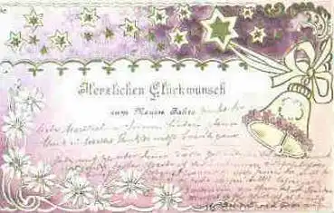 Neujahr Goldschnittprägekarte mit Glocke o 31.12.1902