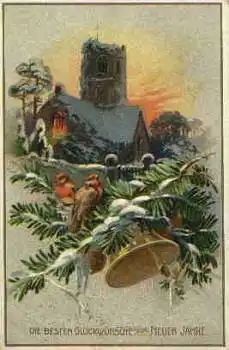 Neujahr Prägekarte mit Glocke und Vögeln o 31.12.1912