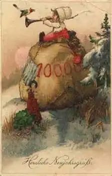 Neujahr Kind mit Trompete Geldsack Vogel o ca. 1928