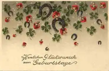 Fliegenpilze Hufeisen Kleeblätter Geburtstagskarte 1934