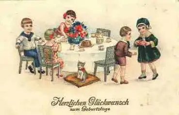 Kaffeetafel Katze Geburtstagskarte o ca. 1920