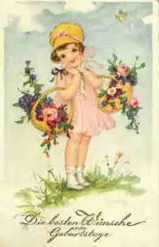 Kind mit Blumenkörben Schmetterling Geburtstagskarte o 25.8.1928