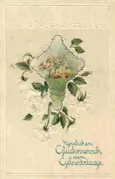 Geburtstag weisse Rosen Prägekarte o ca. 1910