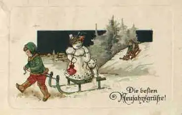 Schneemann / Schneefrau auf Schlitten Neujahr Prägekarte o 31.12.1920