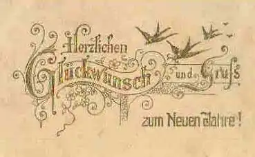 Neujahr Glückwunsch Vögel Blumen Goldschnittprägekarte o 31.12.1905