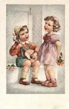 Kinder mit Gitarre Künstlerkarte gebr. 1944