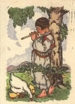 Junge mit Flöte und Gänse Künstlerkarte  o 4.4.1947